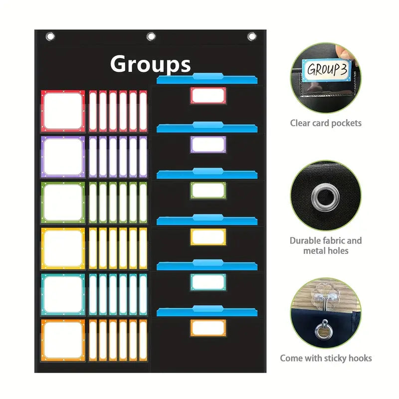 Management Pocket Chart for Classroom with 96 Cards, Black School Teachter Small Group Pocket Chart Organizer for Student, Including 2 markers and 2 Hooks Learning Supplies