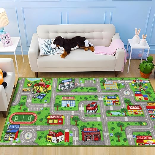 Green Car Road Kid Rug Carpet Playmat for Playoom Traffic Road Kids