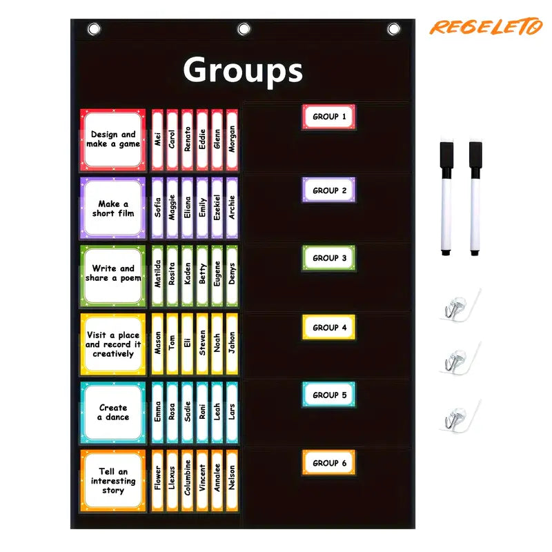 Management Pocket Chart for Classroom with 96 Cards, Black School Teachter Small Group Pocket Chart Organizer for Student, Including 2 markers and 2 Hooks Learning Supplies