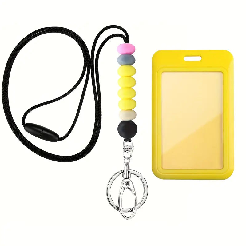 ID Badge Holder With Silicone Beaded Lanyard, Name Tag Holder With Clip, Detachable Card Holder